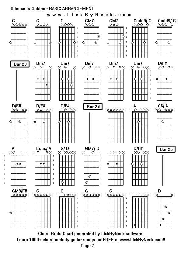 Chord Grids Chart of chord melody fingerstyle guitar song-Silence Is Golden - BASIC ARRANGEMENT,generated by LickByNeck software.